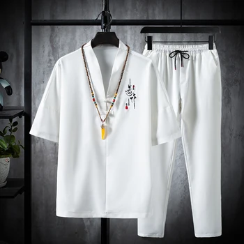 Ризи+Панталон лято китайски стил ластик Мъжки комплекти Ежедневни комплекти Мъжка мода панталони и риза мъжки размер M-5XL TZ16 Изображение